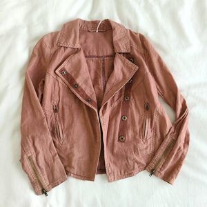 Free People Rosewood Moto Jacket Women's XS Pink Long Sleeve Collared Linen Blen